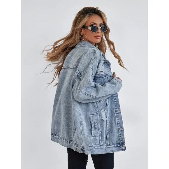 Oversized distressed ripped Front Flap Pocket Drop Shoulder Denim jean Jacket - Picture 2 of 7